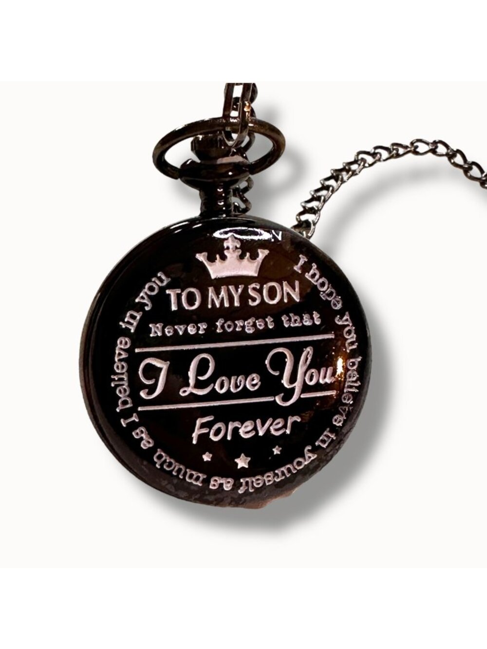 Engraved Pocket Watch "To My Son" With Chain Black Metal Roman Numerals Gift For